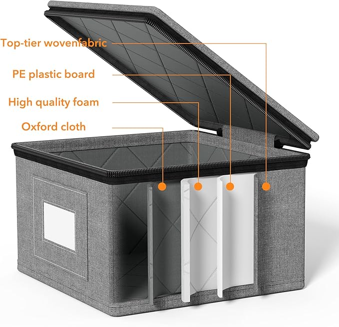 SpaceAid China Storage Containers 6 Pack, Stackable Hard Shell Quilted Cases with Soft Plate Separators, Moving Supplies Packing Boxes for Dishes, Plates, Platters, Mugs, Cups (Grey)