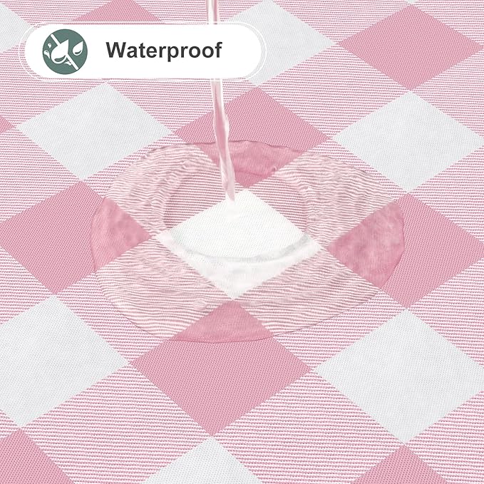 misaya Square Waterproof Vinyl Table Cloth, Buffalo Flannel Backed Tablecloth, Wipeable Plastic Table Cover for Dinner, Kitchen, Outdoor (60" x 60", Pink and White)