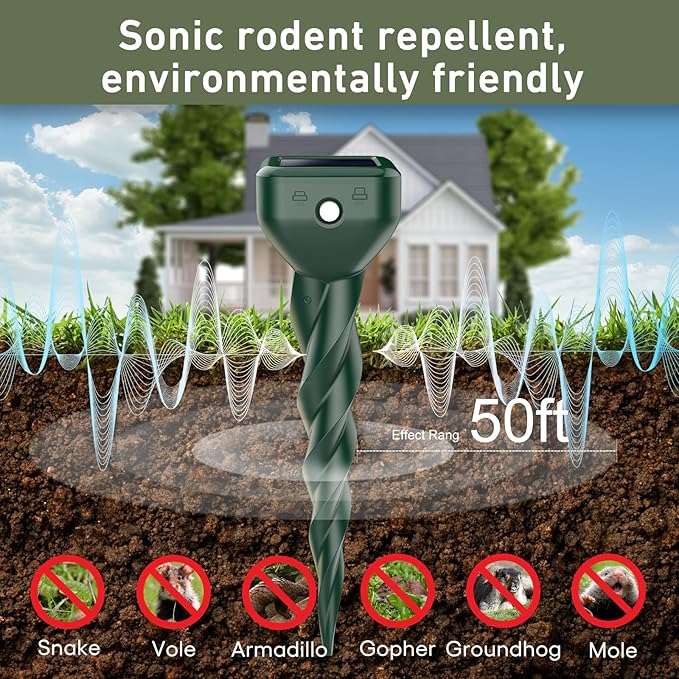 Mole Repellent Solar Powered, 4 Pack Snake Repellent for Yard, Waterproof Ultrasonic Deterrent Stakes, Get Rid for Rabbit, Gopher, Vole, Skunk, Chipmunk, Deer, Groundhog Sonic Spikes for Lawns Garden