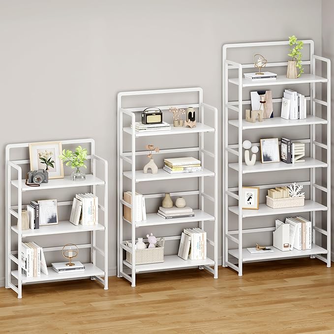 No Assembly Folding Bookshelf, 5 Tiers Collapsible Book Shelf for Home Office, Vintage Wood Foldable Bookcase Storage Organizer for Living Room Bedroom (White)