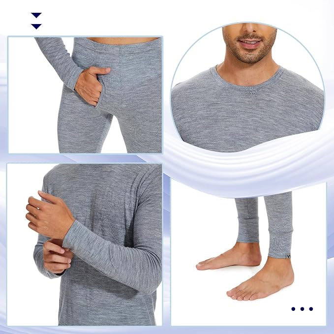 MERINNOVATION Merino Wool Base Layer Set for Men 100% Merino Wool Thermal Underwear Long Sleeve