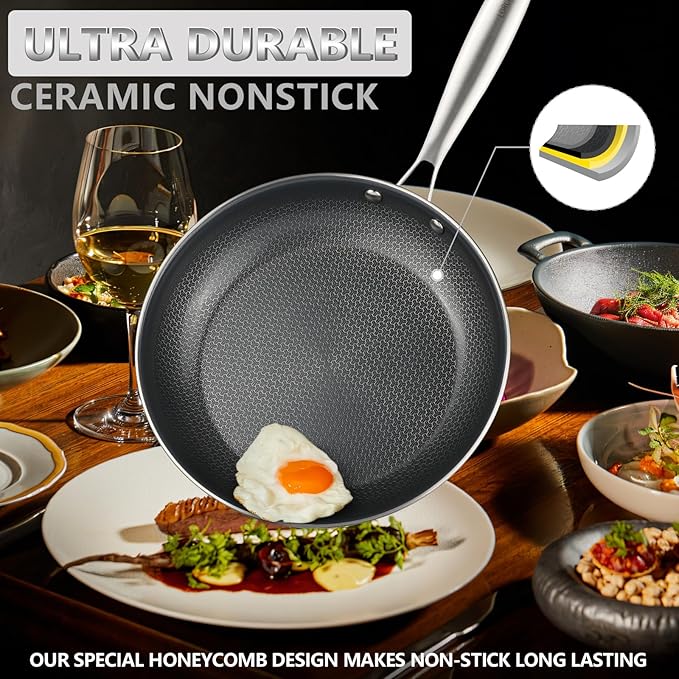 Stainless Steel Nonstick Frying Pan, Hybrid Ceramic 10-Inch Frying Pan, Stay-Cool Handle, PFAS & PFOA PTFE Free, Dishwasher & Oven Safe, Scratch-Resistant, Compatible with Induction & All Cooktops