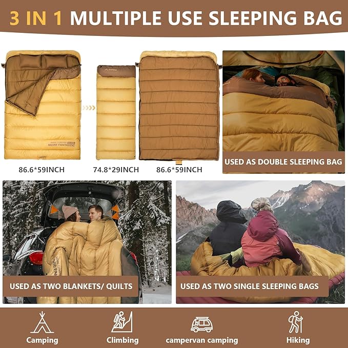 BISINNA Double Sleepinag Bag for Adults Two Person Queen Size Camping Sleeping Bag for All Season Backpacking Hiking Cold Weather with Compression Sack