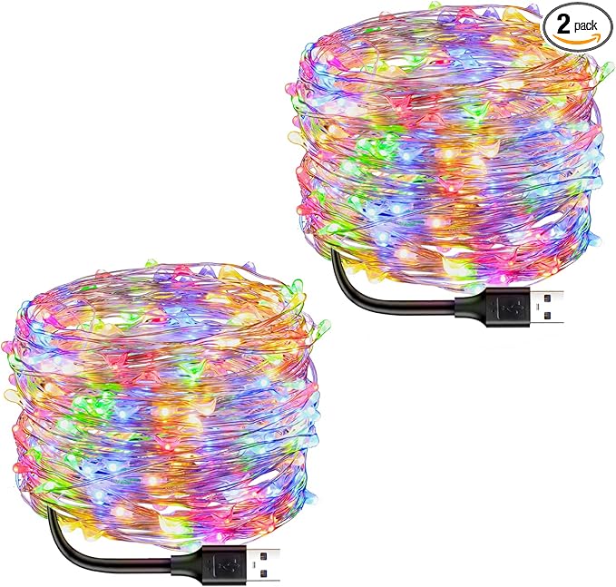 Blingstar USB Powered Fairy Lights, 2 Pack 33Ft 100 LED, Flexible Silver Wire, Mini String Lights for Christmas Tree/Bedroom/Birthday/Party/Holiday Indoor Decoration, Multicolor
