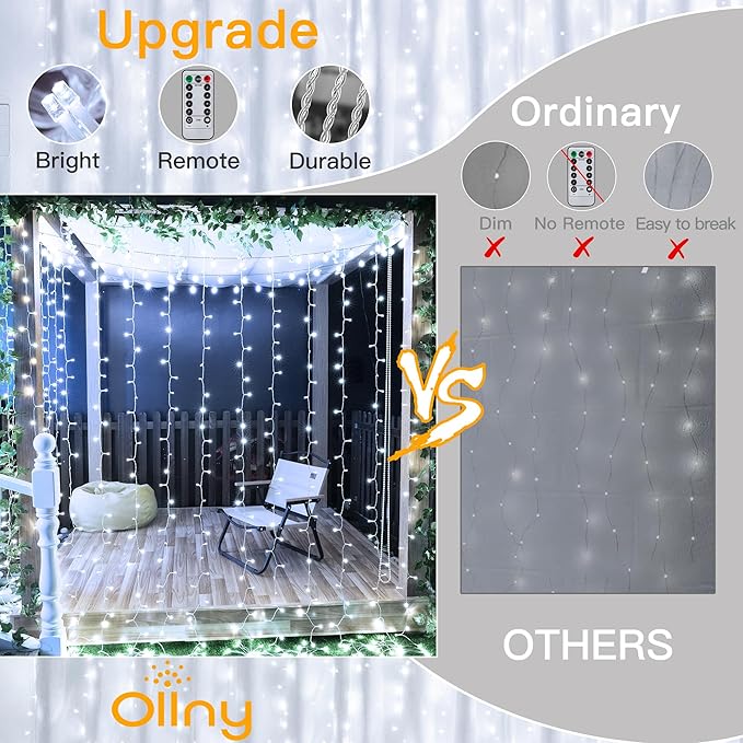 Ollny Curtain Lights 6.6x6.6ft, 200 LED White String Lights with Remote 8 Modes Dimmable Timer, USB Power Fairy Light for Bedroom Backdrop Indoor Wall Window Wedding Decor