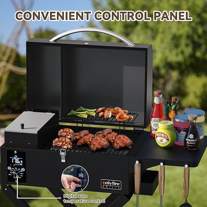 Onlyfire BBQ Wood Pellet Grill Smoker with Foldable Cart, Meat Probe, 2 Tiers Cooking Area, Portable Tabletop Grilling Stove for Outdoor Kitchen Cooking Smoke and Roast, RV Camping, Black GS343