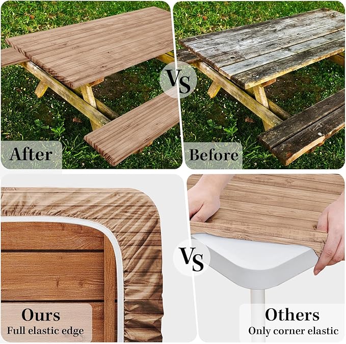 Picnic Table Cover with Bench Covers Elastic Edges, Brown Map Wooden Fitted Table Cover, Outdoor Patio Camping Essentials 72 Inch 3PCS, Waterproof Camping Fitted Tablecloth with Drawstring Bag