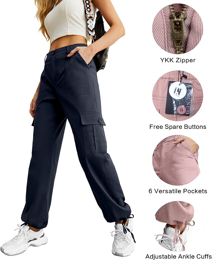 Lepunuo Women's High Waisted Cargo Pants Travel Y2K Streetwear Baggy Stretchy Pants with 6 Pockets Drawstring Ankle Cuffs