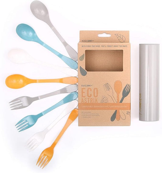 Knork Eco Astrik Reusable Compostable Plant-Based To Go Ware, Utensil Set with Carry Case, Orange Blue White Gray, 8 Piece Utensil Set with Carry Case