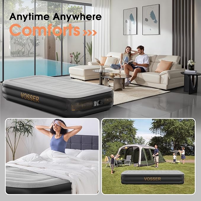 Twin Air Mattress with Built in Pump,Inflatable Mattress 2 Mins Self-Inflation/Deflation,Thicker Blow up Mattress Leak-Proof,Flocked Top Air Bed with Storage Bag for Home, Camping & Guests