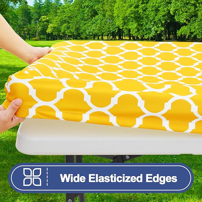 Smiry Picnic Table Cover with Bench Covers, Waterproof Elastic Fitted Tablecloth for 6 Foot Tables, Washable Polyester Tablecloths for Camping, Indoor & Outdoor (Yellow Morocco, 30x72 Inch 3-pc Set)
