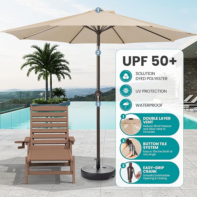 SERWALL Patio Chaise Lounge Chair Set of 2 with 9FT Patio Umbrella, 78'' HDPE Outdoor Lounger 5 Positions Adjustable, Poly Lounge Chair with Rolling Wheels & Cup Holder for Pool,Wooden Brown
