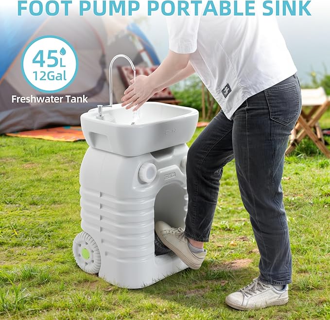 YITAMOTOR Rolling Portable Camping Sink, 45L Handwashing Station with Adjustable Basin, Soap Dispenser, Metal Handle & Large Wheels, Outdoor Washing Stand for Camping, Garden, Worksite, Travel
