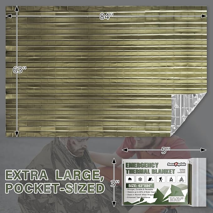 SecuCaptain Survival Emergency Thermal Blankets: Extra Large 84” x63” Space Mylar Blanket Kit for Outdoor Cold Winter Camping Hiking Car Bug Out Bag or First Aid - 4 Pack Amygreen