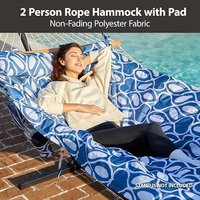 Outdoor Double Hammock with Hardwood Spreader Bars, Large Rope Hammock with Polyester Pad and Pillow, 475 LBS Capacity for 2 Person Patio Backyard Poolside - Blue Printing
