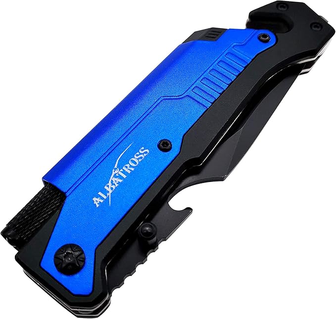 ALBATROSS 6-in-1 Survival Tactical Military Folding Pocket Knives with LED Light,Seatbelt Cutter,Glass Breaker,Magnesium Fire Starter,Bottle Opener;Multi-Function Emergency Tool(Blue)