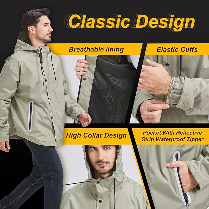 Men's Packable Rain Jacket Waterproof Outdoor Classic Lightweight Raincoat Hooded Windbreaker