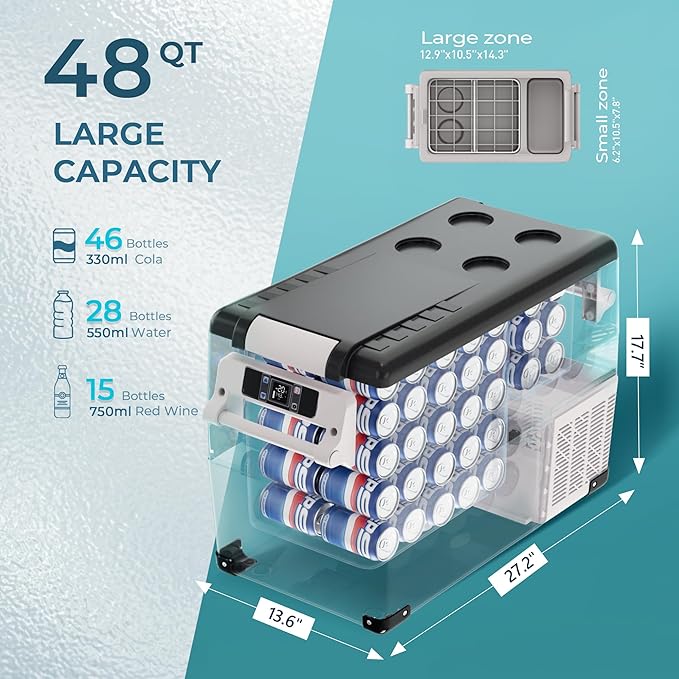 EUHOMY 12 Volt Refrigerator, 48QT(45L) Electric Cooler, 12V Fridge APP Control, 12V Cooler -4℉~68℉, Portable Freezer 12/24V DC 110-240V AC for Camping, Travel, Truck, Home