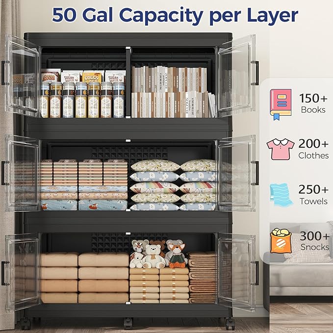 150GAL Extra Large Storage Bins with Lid, 600Qt Stackable Closet Organizers and Drawers, Collapsible Storage Bins with Wheels, Folding Storages Cabinet for Home Bedroom Office, 3Pack Black