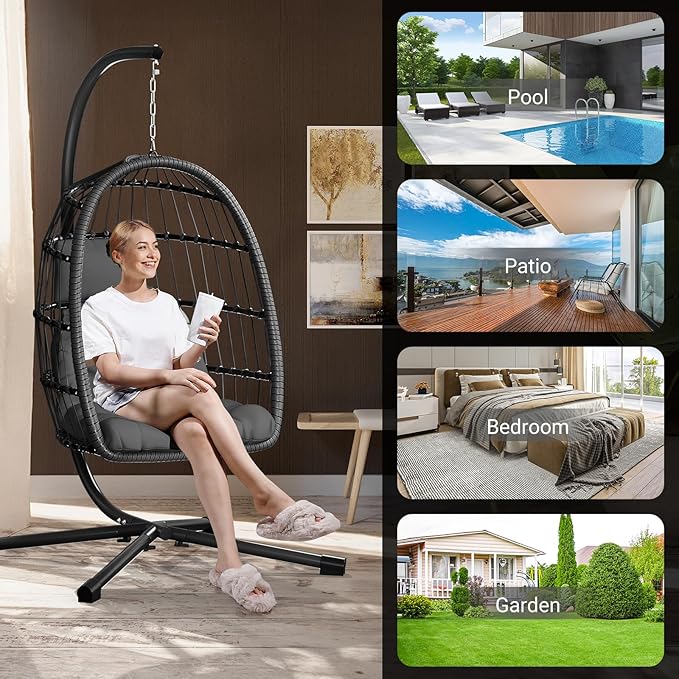 LEVELEVE Egg Chair with Stand,Patio Rattan Wicker Hanging Swing Egg Chair Hammock Chair for Bedroom Porch Garden,Thickened Aluminum Alloy Steel Frame and UV Resistant Cushion,350LBS Capacity(Grey)