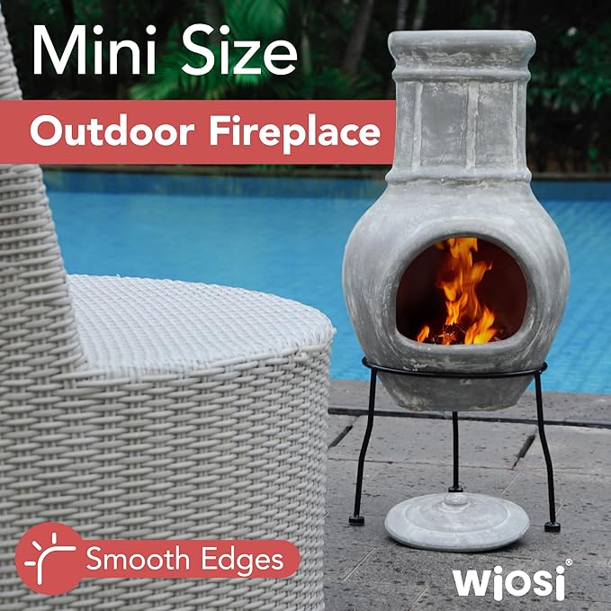Wiosi Small Chiminea Outdoor Fireplace Grey –Clay Chimineas with Chimney Rain Lids and Solid Metal Stands - Mini Terracotta Chimenea – Rustic Fire Pit Chimnea 12 x 12 x 27-inch