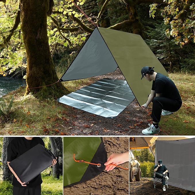 RedSwing 2 Pack Heavy Duty Waterproof Emergency Thermal Tarp, Insulated Survival Blanket for Outdoor Camping, Hiking, and Emergency Shelter, Green