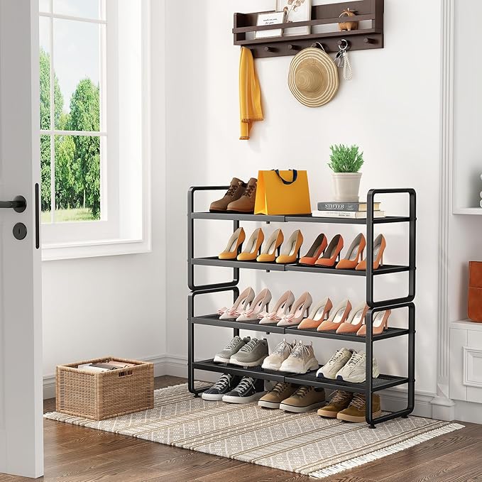 Shoe Rack - Expandable Shoe Organizer for Closet, Adjustable Metal Shoe Shelf Storage, 4 Tier Stackable Long Shoe Stand Holder for Garage, Entryway, Door Entrance, Black