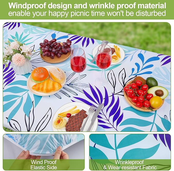 Picnic Table Cover with Bench Covers Camping Essentials Waterproof Windproof Camping Tablecloth with Drawstring Bag, Fitted Rectangle Tables and Seats, 96in, Light Green Blue