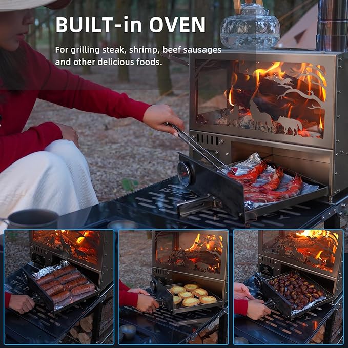 M8 Wood Burning Stove with Oven & Folding Camping Table, Stainless Steel Portable Hot Tent Stove, Including 6 Chimney Pipes, for Camping, Tents, Cooking and Travel (Silver)