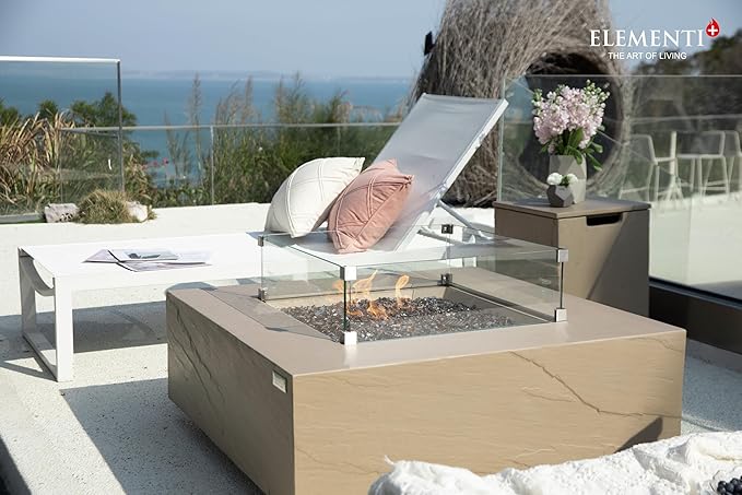 Elementi+ | Bundle Uluru Gas Fire Pit Cast Concrete 40" Square Fire Table, Outdoor Fire Pit Electronic Ignition | Canvas Cover, Fire Glass and Burner Lid Included | Sunlight Yellow | Propane Gas
