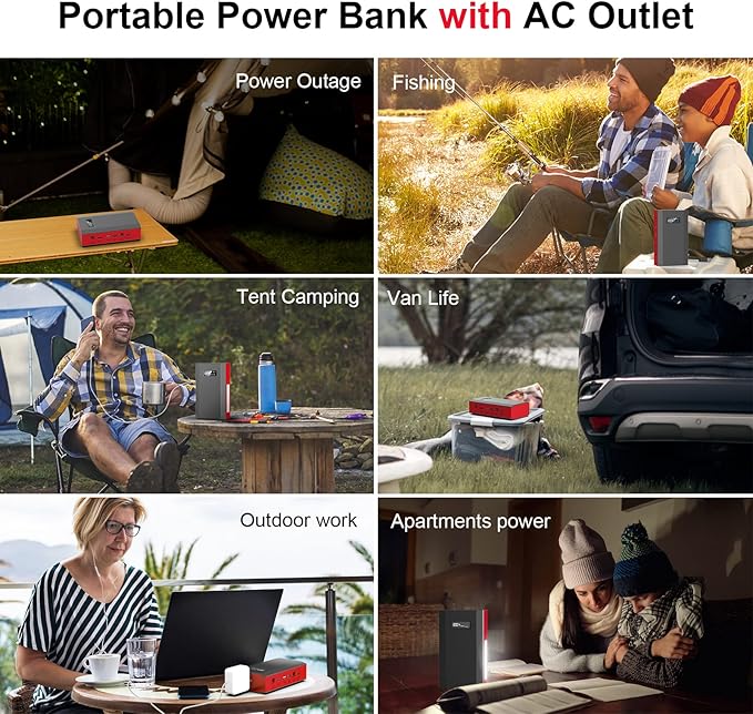 Portable Power Bank with AC Outlet, 65W 110V External Battery Pack 24000mAh Portable Laptop Charger Power Source Supply for Outdoor RV Tent Camping Home Smart Device with Emergency Light -Grey Red