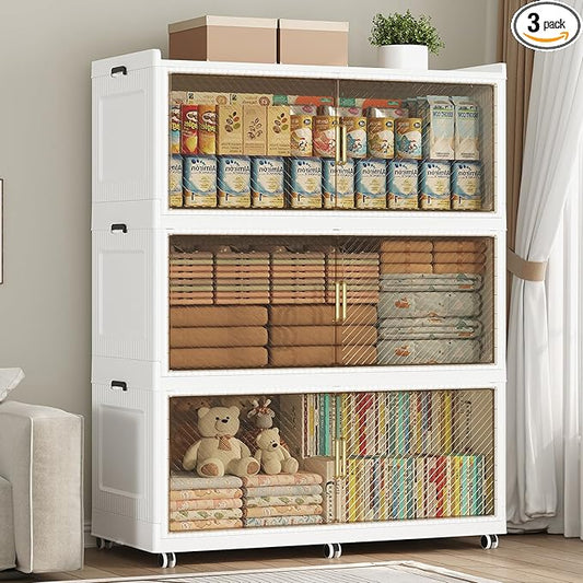 150GAL Extra Large Stackable Storage Bins with Lid, 600QT Plastic Closet Organizer and Storage Cabinet with Wheels and Doors, Folding Storage Box Container for Home Organization, 3Pack White