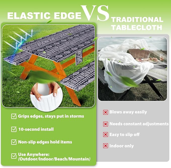 Picnic Table Cover with Bench Covers Vinyl Elastic Edges Fitted Rectangle Seat Tables Waterproof 3-Piece72X30in Set Outdoor Rectangular Folding Backing Tablecloth for Camping Over SizeTie-Dye 115
