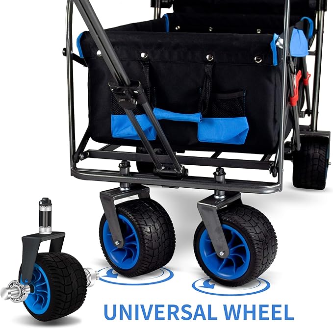 Folding Utility Wagon | Heavy-Duty Collapsible Cart with Brakes & Adjustable Handle | for Gardening, Beach Trips, Camping, Shopping & Outdoor Transport (Black Blue)