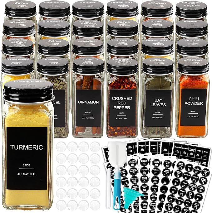 AISIPRIN 24 Pcs Glass Spice Jars with 398 Labels, 4oz Empty Square Spice Containers Seasoning Bottles - Shaker Lids, Funnel, Brush and Marker Included(Black Metal Caps)