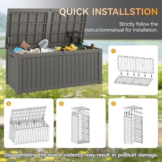 NUNU LAB 150 Gallon Outdoor Storage Box,Resin Large Sturdy Deck Box, Backyard Outside Storage Box Waterproof with Double Wall Panels,Package Delivery,Garden Outdoor Hose Bin