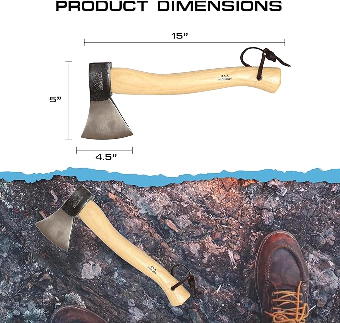 Prandi Axes German C45 Forged Carbon Steel Hatchet - Hickory Handle with Leather String - Ideal for Camping, Travel and Bushcraft - S/N 3.003.08.TH - 15" L x 6.42" W, 800g Polished Head, No Sheath