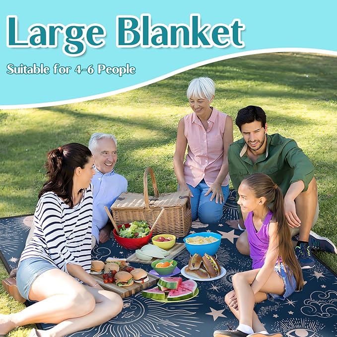 Gothic Picnic Blankets Waterproof Foldable,60″X80″Thick Picnic Mat Blue Outdoor Blanket for Grass, Sun and Moon Beach Blanket Sandproof Picnic Accessories for Camping Party Travel Park Lawn