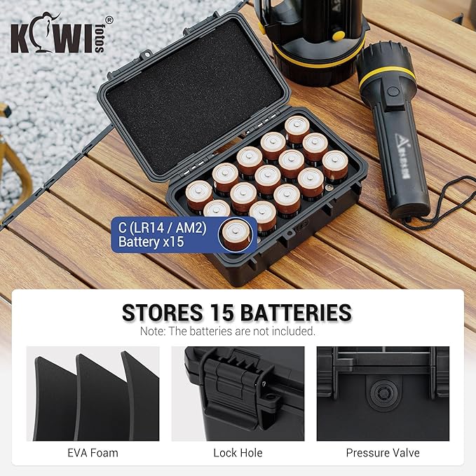 KIWIFOTOS 15 Slots C Battery Organizer Storage Case Heavy Duty IP67 Waterproof C Cell LR14 Alkaline Batteries Holder Containers for Household Outdoor Camping and Office All-Purpose