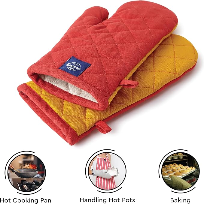 Encasa XO Heat Resistant Cotton Oven Gloves Mitts (2 Pc Set) - Quilted & Safe 12x7 in - for Kitchen, Cooking & Baking, Grilling, Handling Hot Pots & Pans - Mango