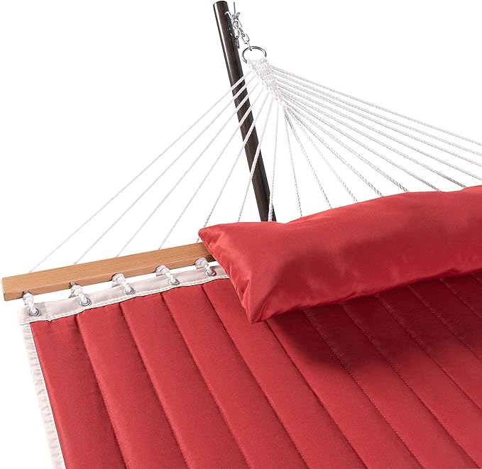 Lazy Daze Quilted Fabric Hammock with 12-Foot Stand, Double 2-Person Hammock with Pillow for Outdoor Outside Patio, Garden, Backyard, 450LB Capacity, Red