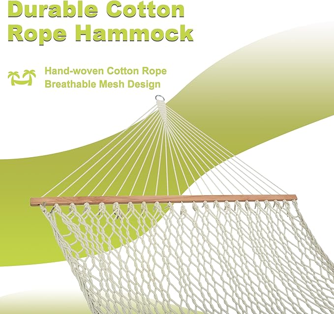 Lazy Daze Hammocks 12FT Double Rope Hammocks, 2 Person Hand Woven Cotton Hammock with Spreader Bar for Outdoor, Indoor, Patio, Poolside, FIT 13-15 Foot Stand, Max 450 Lbs, Natural, 141 x 57 inches