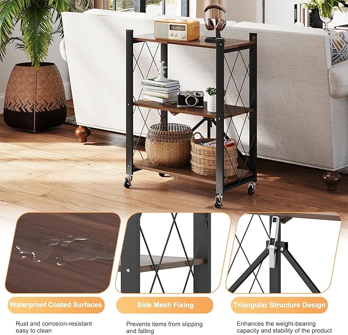 3 Tier Vintage Multifunctional Folding Shelf with Wheels, Portable Heavy Duty Storage Shelving, No-Assembly Folding Bookshelf, Metal Collapsible Rack Unit for Kitchen, Office, Bedroom, Rustic Brown