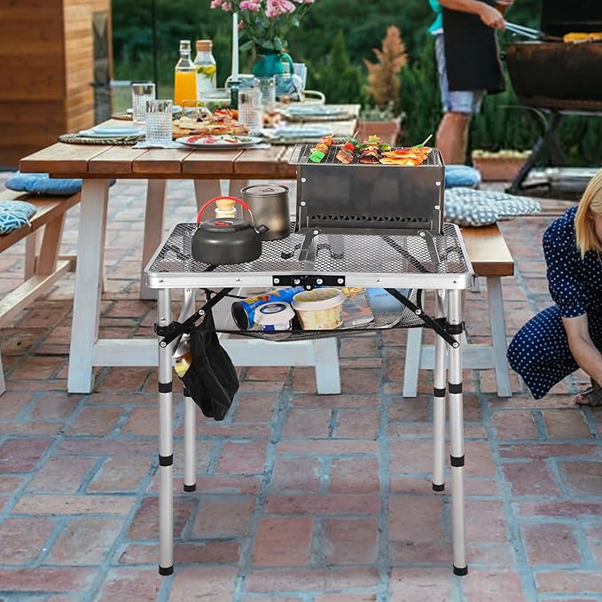 RedSwing Folding Grill Table, Lightweight Height Adjustable Aluminum Table with Mesh Desktop and Mesh Bag for Outdoor Camping Picnic BBQ, 2 Feet, Sliver