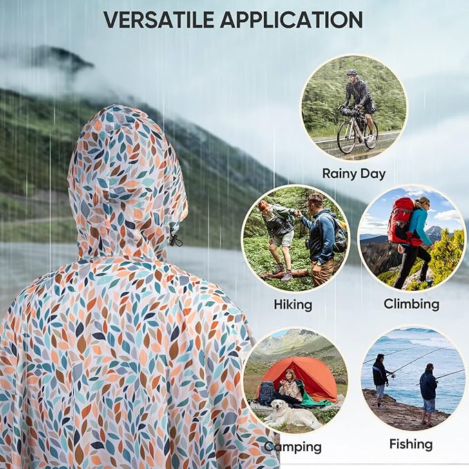 PTEROMY Hooded Rain Poncho for Adult with Pocket, Waterproof Lightweight Unisex Raincoat for Hiking Camping Emergency