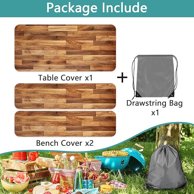 JAWO Picnic Table Covers with Bench Covers Wooden Pattern Camping Tablecloth 6FT for 6 Person Fitted Picnic Table Cover with Elastic Windproof Waterproof Fabric, Camping Accessories Patio & Outdoor