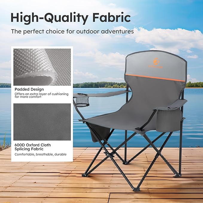 LET'S CAMP Camping Chair 2 Pack Folding Chair with 3-Can Cooler Bag Portable Lawn Chair with Cup Holder,Storage Pocket, Supports 225LBS, Collapsible Chair for Camp, Beach, Picnic (Grey)