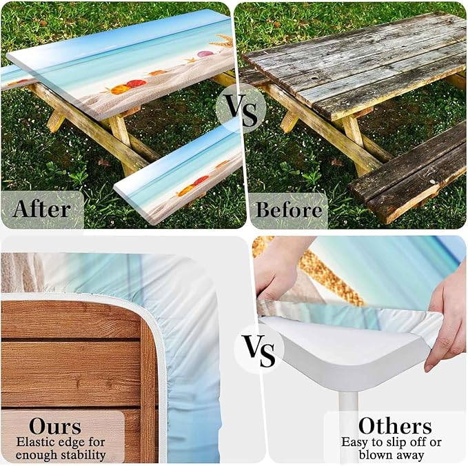 CAPSCEOLL Elastic Picnic Table Cover with Bench Covers 5Ft Waterproof Fitted Picnic Table Cover Cloths for Outdoors Camping Tablecloth with Drawstring Bag, 60X30in, Sea Beach