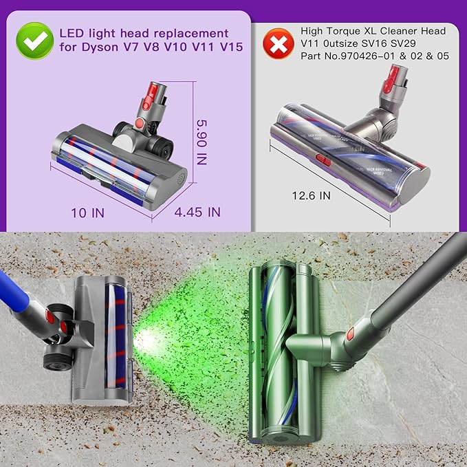Lemige LED Green Light Head Replacement Parts for Dyson V7 V8 V10 V11 V15 Cordless Vacuum Cleaner, Quick Release LED Light Attachments, Anti-Tangle and Soft Brush Roller for Carpets, Rugs, Hard Floor