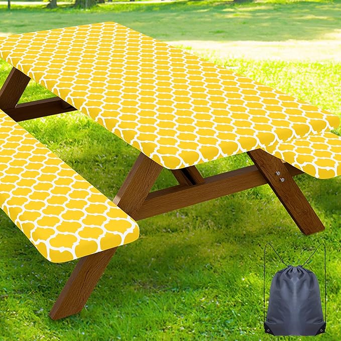 Smiry Picnic Table Cover with Bench Covers, Waterproof Elastic Fitted Tablecloth for 6 Foot Tables, Washable Polyester Tablecloths for Camping, Indoor & Outdoor (Yellow Morocco, 30x72 Inch 3-pc Set)